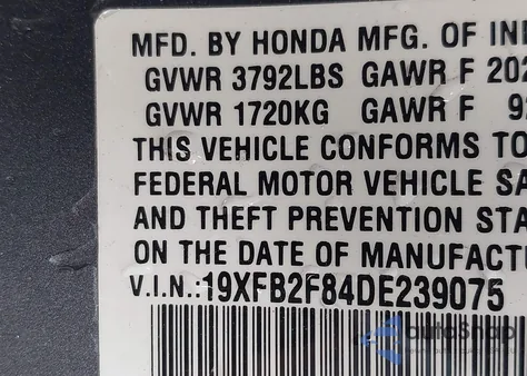 2013 Honda Civic Ex from USA, damaged, VIN 19XFB2F84DE239075